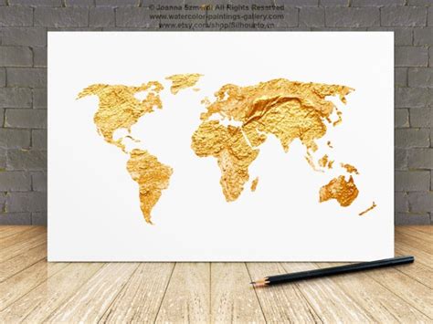 World Map Gold Fine Art Giclee Print Yellow Home Decor Map Etsy