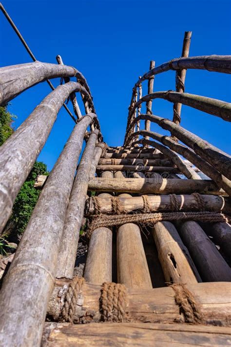 Traditional Bamboo Bridge For Crossing River At Forest At Morning From