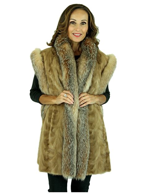 plus size sculptured autumn haze mink fur vest with crystal fox trim women s fur vest xxl