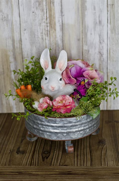 Easter Rabbit Centerpiece On Galvanized Pedestal Easter Decor Etsy