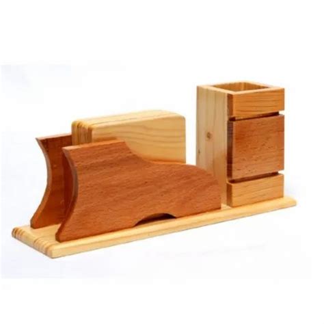Lets T Brown Wooden Pen Stand With Coaster For Officehome Size