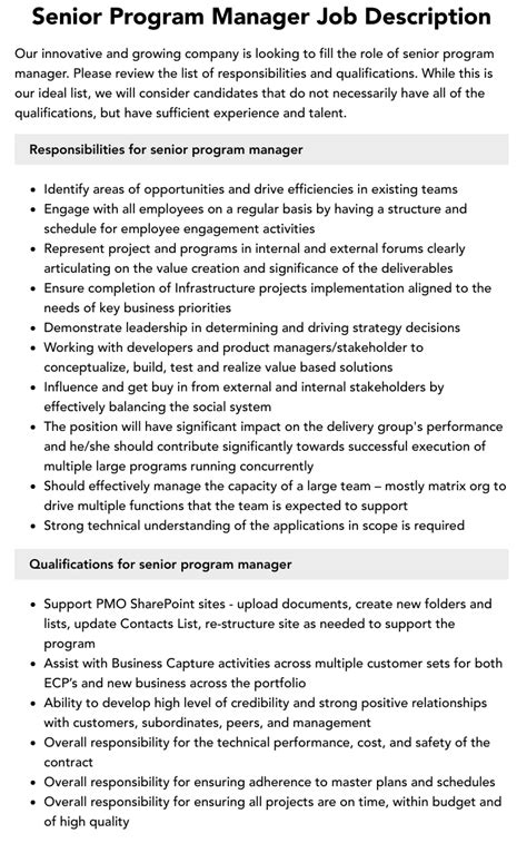 Senior Program Manager Job Description Velvet Jobs