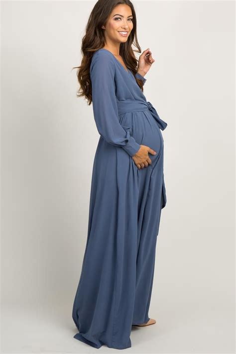 Blue Chiffon Long Sleeve Pleated Maternity Maxi Dress Pinkblush