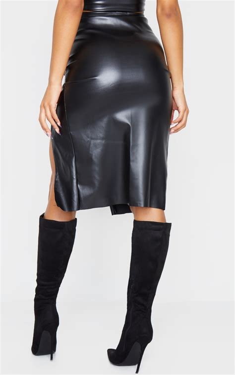 Black Faux Leather Extreme Split Midi Skirt Prettylittlething Il
