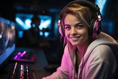 Premium Ai Image Beautiful Blonde Pro Gamer Girl Wearing Headset