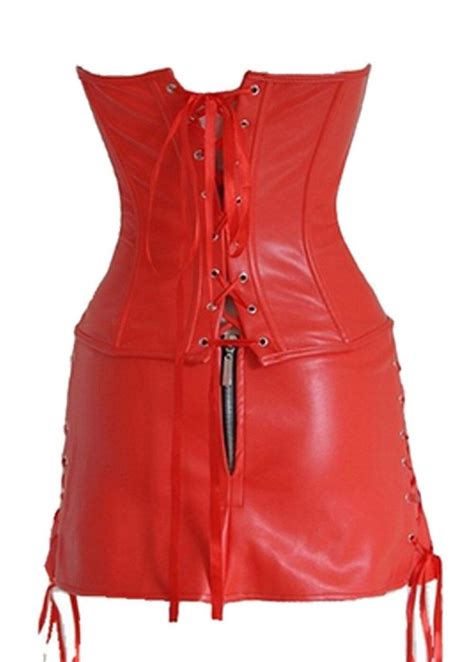 Gothic Steampunk Lace Up Zip Faux Leather Corset Dress Black Red Shape