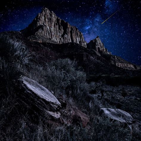 Moonlight On Watchman Peak In Zion National Park From