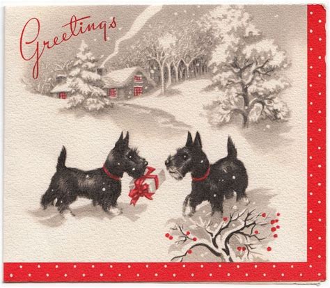 Vintage Greeting Card Christmas Scotty Dog Terrier Snow E644 Vintage