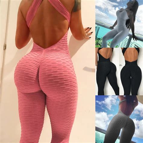 casual womans one piece yoga sport gym fitness cross backless sleeveless jumpsuit long pants