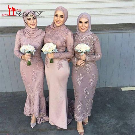 High Quality Satin Long Sleeve Muslim Bridesmaid Dresses With Hijab
