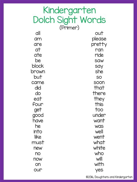 Daughters And Kindergarten Dolch Sight Word Lists