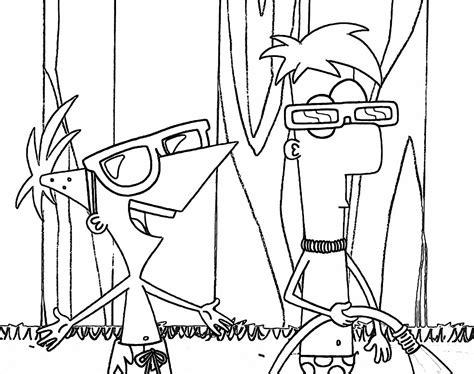 Dibujo para imprimir y colorear de Phineas y Ferb regando en el jardín