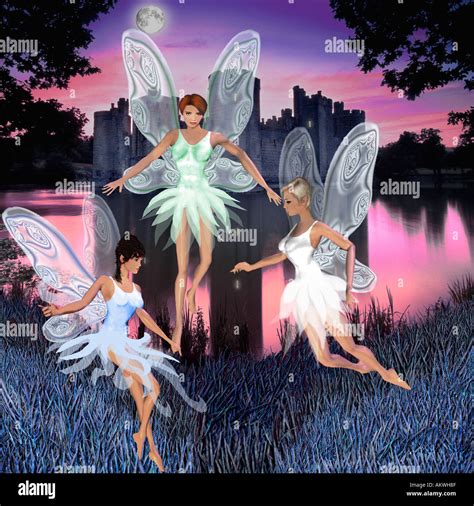 fairies dancing hovering in air at night with castle behind twilight dusk purple blue stock