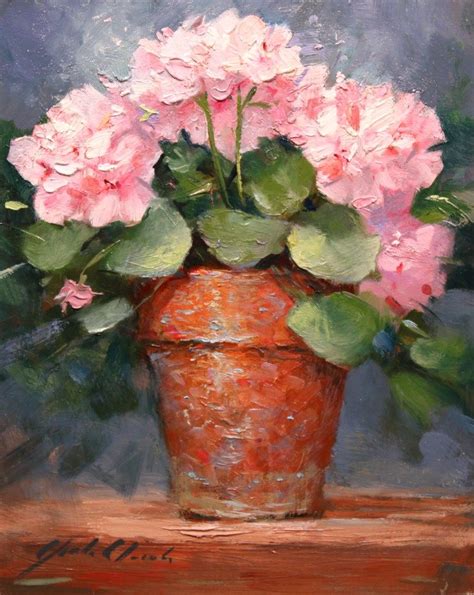 Geraniums In A Clay Pot Framed Free Shipping Original Fine Art By