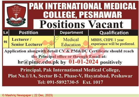 Lecturer Jobs In Peshawar At Pak International Medical College On