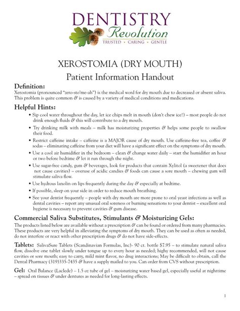 Dry Mouth Patient Information Handout Definition Xerostomia
