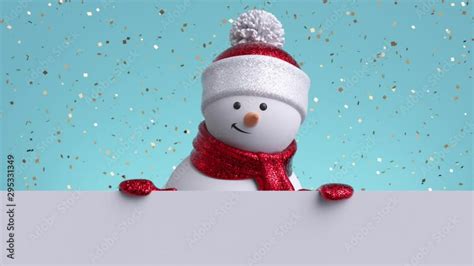 3d snowman looking out the wall holding blank banner blinking and smiling gold confetti