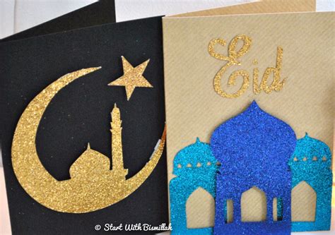 Blue Masjid And Gold Moon Eid Cards Eid Crafts Diy Eid Cards Eid