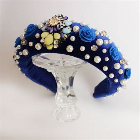 Bead Headband For Woman Blue Crystal Velvet Headband Baroque Etsy