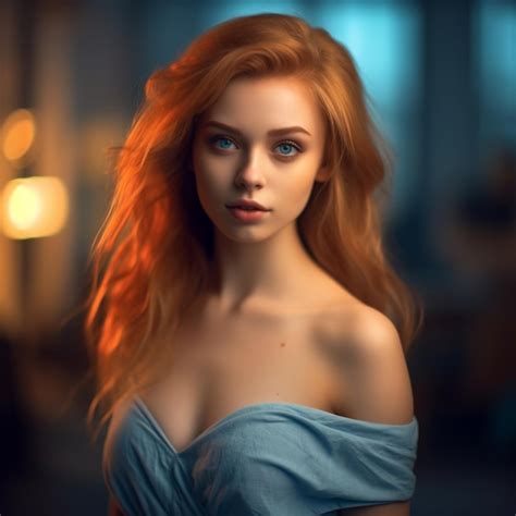 Premium AI Image A Woman With Red Hair And Blue Eyes Is Standing In Front Of A Wall