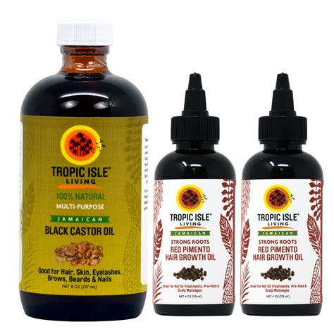 Tropic Isle Jamaican Black Castor Oil 8oz And 2 Packs Of Strong Roots Red Pimento Hair Growth Oil