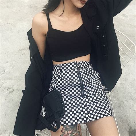 Zipper Ring Checkerboard Mini Skirt Fashion Outfits Harajuku Fashion