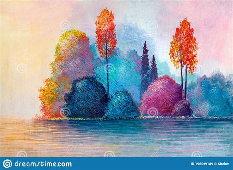 Oil Painting Landscape Autumn Forest Near The River Colorful Autumn