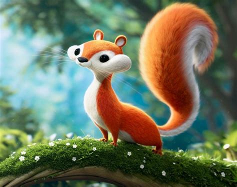 An Animated Squirrel Standing On Top Of A Moss Covered Tree Branch In
