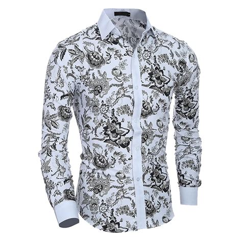 male floral print dress shirts mens shirt slim fit ethnic flowers long sleeve casual cotton