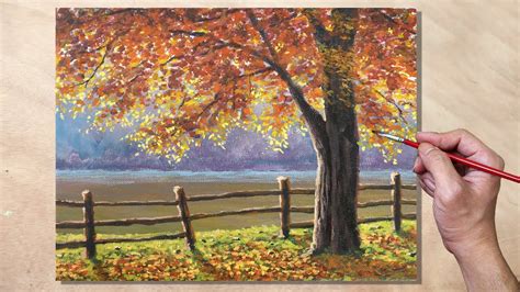 Acrylic Painting Sunlit Autumn Tree Landscape Youtube