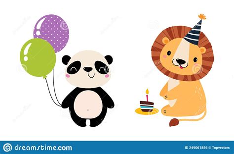 Cute Panda And Lion Animal Congratulating With Birthday Holiday With