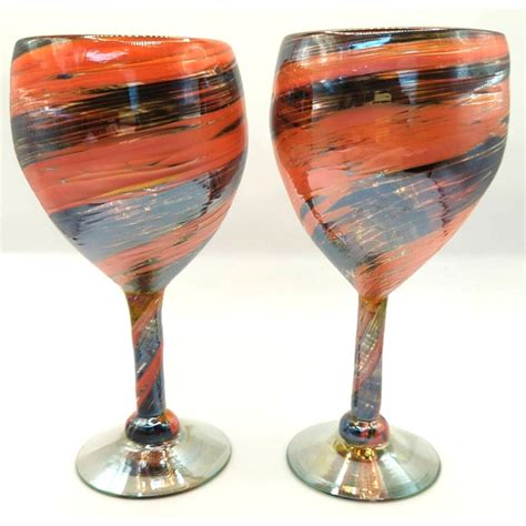 Mexico Handblown Art Glass Dining Mexican Wine Glasses Hand Blown Glass Orange Gold Brown