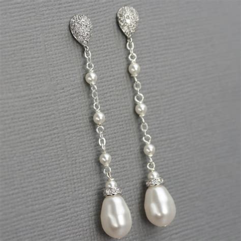 Long Pearl Dangle Earrings Bridal Pearl Drop Earrings Etsy