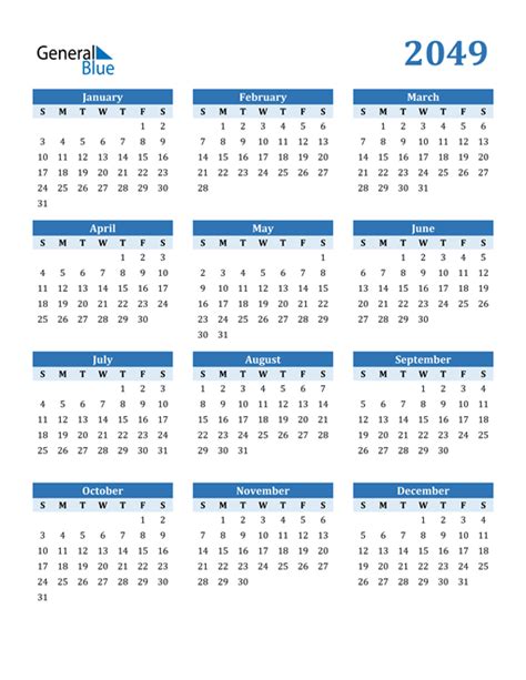 2049 Calendar Pdf Word Excel