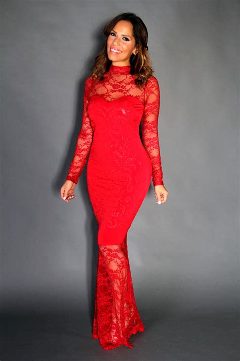 Red Glam Laced Long Sleeves Bodycon Gala Dress My Sexy Styles