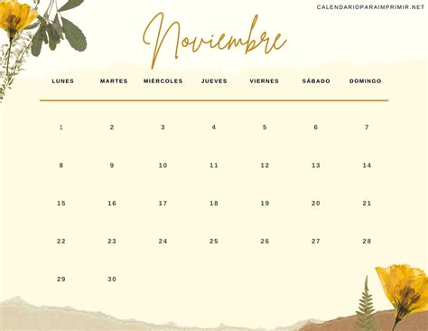 Calendario Noviembre 2021 Bonito Con Flores Para Imprimir Calendarios