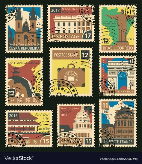 Set Postage Stamps On Travel Theme Royalty Free Vector Image