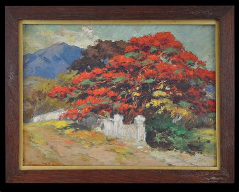 Red Royal Poinciana Trees Java Oil Painting By Dutch East Indies