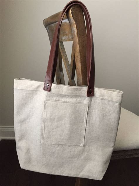 Linen Tote Bag With Leather Straps Etsy Tote Bag Bags Leather Straps