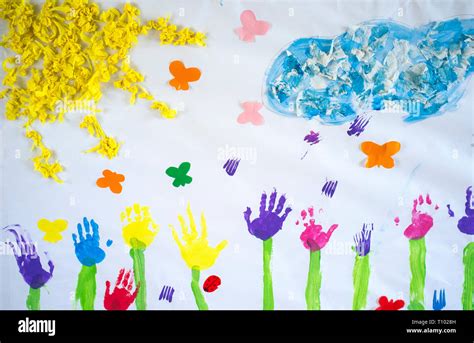 Spring Mural Draw Over Craft Paper Painted With Hands Prints Made By