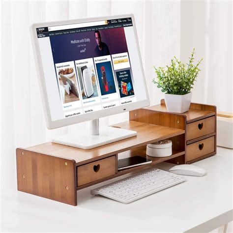 Maydear Bamboo Monitor Stand Desk Organizer With Storage Drawers