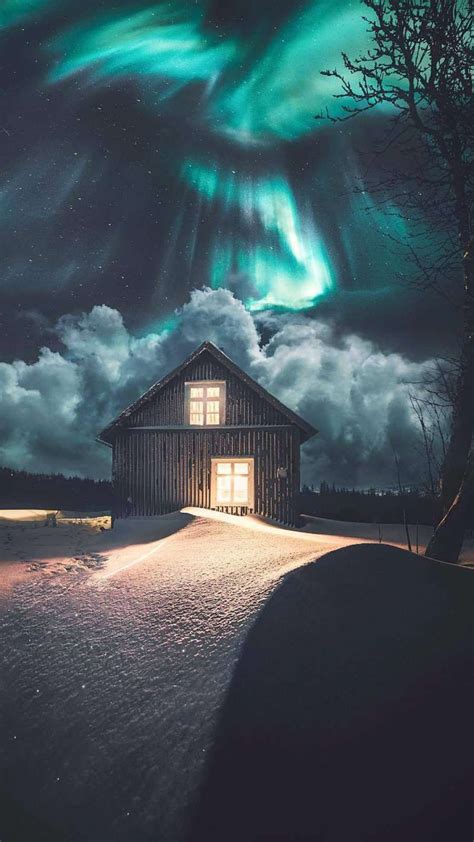 Beautiful Dreamy Night Winter Cabin Iphone Wallpaper