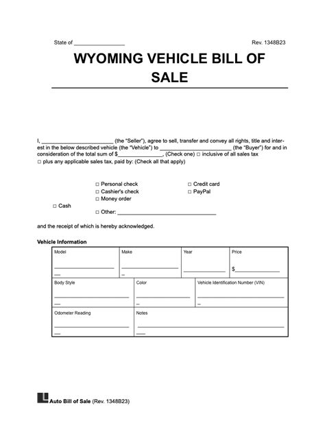 Free Wyoming Motor Vehicle Bill Of Sale Form PDF Word