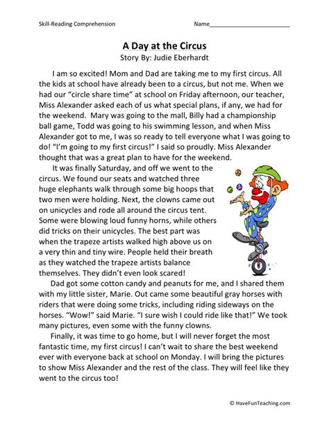 Third grade reading comprehension worksheets & printables. Reading Comprehension Worksheet - A Day at the Circus