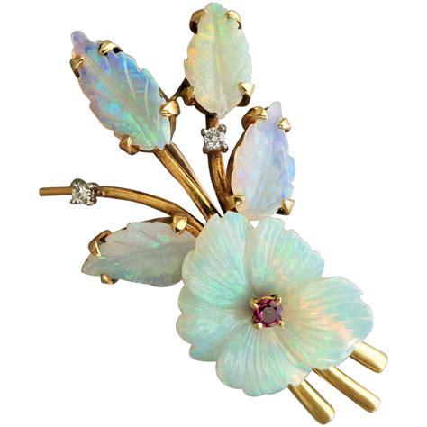 Beryl Lane Vintage 18ct Gold Carved Opal Diamond And Ruby Flower Leaf Brooch