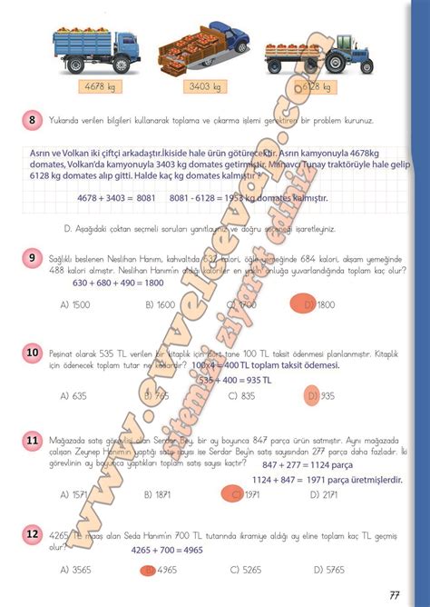 4. Sınıf Matematik Ders Kitabı Meb Sayfa 71-72-75-76-77-78 Cevapları