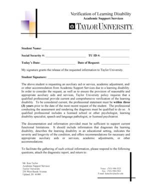 Fillable Online taylor Learning Disability Verification Form - Taylor University - taylor Fax ...