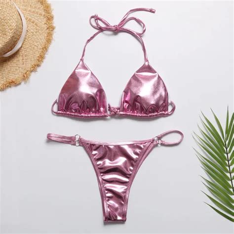 Summer Sexy Women Gold Micro Triangle Bikini Sets Women Bright Bronzing Lace Up Swimsuits Beach