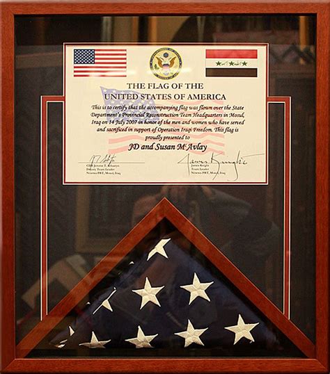 Once it's back, i make a certificate indicating the date flown, the aircraft tail number and all the crew members of the plane that flew the . This flag was flown in Iraq and was given to our customers ...