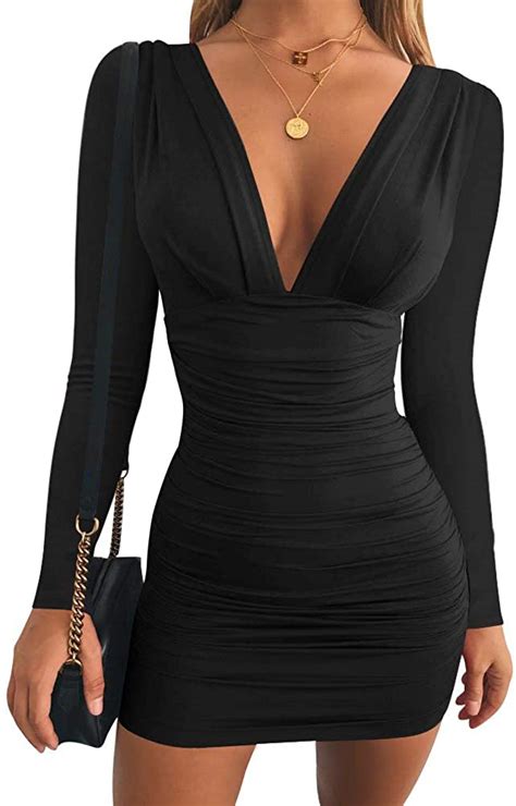 Gobles Womens Sexy Long Sleeve V Neck Ruched Bodycon Mini Party Cocktail Dress Ebay